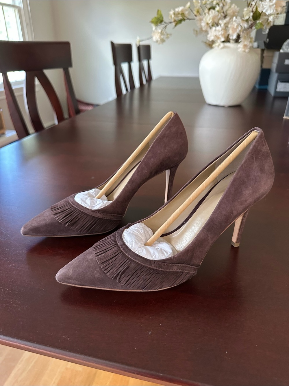Ann Taylor Brown Suede Pointed-Toe Fringe Pumps